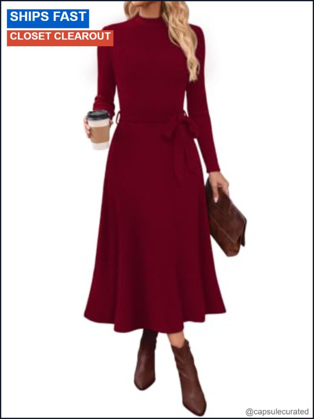 OFEEFAN Long Sleeve Mock Neck Ribbed Knit Midi Dress with Pockets